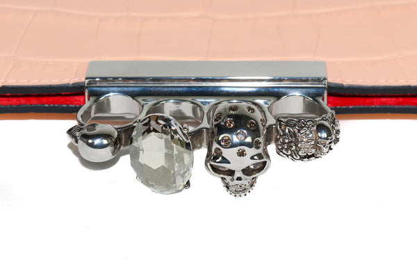 NEW ALEXANDER MCQUEEN Silky Croc Embossed Leather Four Ring Knuckle Clutch