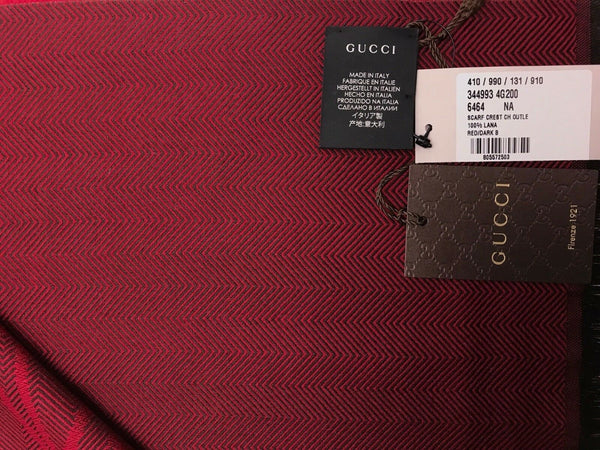 NEW/AUTH GUCCI 344993 Unisex Hysteria Crest 100% Wool Scarf, Red/Dark Burgundy