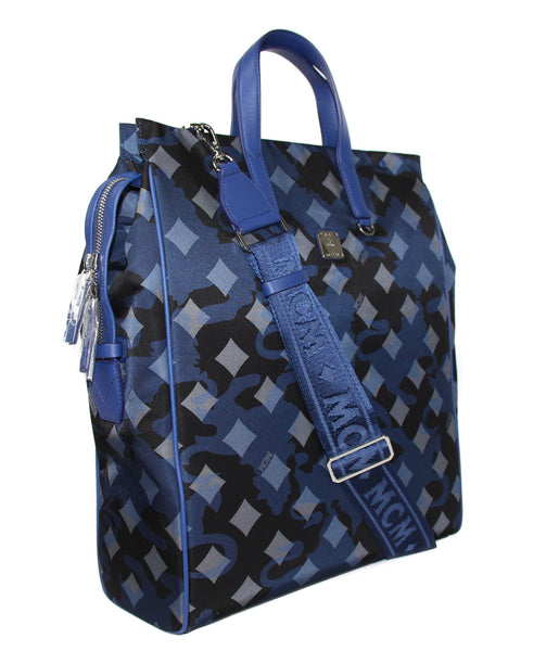 NEW MCM Visetos Nylon Top Zip Tote, Estate Blue