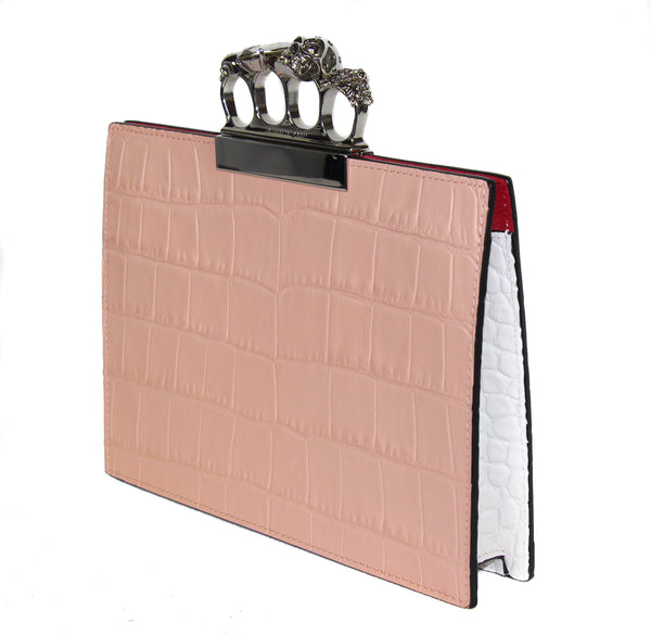 NEW ALEXANDER MCQUEEN Silky Croc Embossed Leather Four Ring Knuckle Clutch