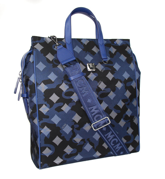 NEW MCM Visetos Nylon Top Zip Tote, Estate Blue
