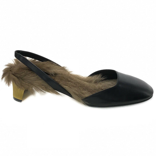 NEW/AUTHENTIC GUCCI 400079 Leather Arielle Gold Heel Fur Lined Pumps, Sz 39/9 US