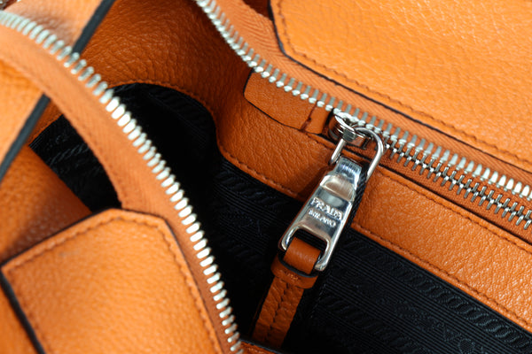 NEW PRADA Vitello Phenix Leather Shopping Tote Handbag, Orange