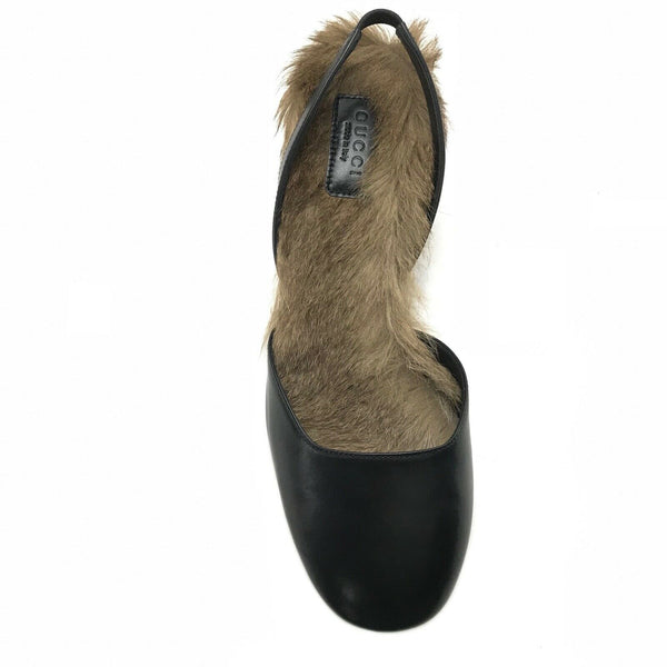 NEW/AUTHENTIC GUCCI 400079 Leather Arielle Gold Heel Fur Lined Pumps, Sz 39/9 US