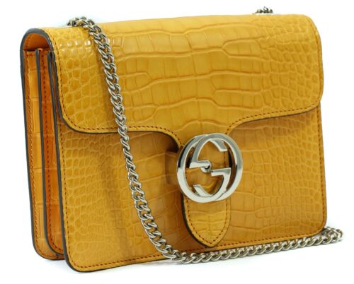 NEW/AUTHENTIC GUCCI 387609 Interlocking G Crocodile Shoulder Bag, Curcuma